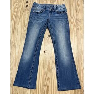 Miss Me Bootcut Jeans Size 26x27 Blue Low Rise Thick Stitch Studded Denim Hem